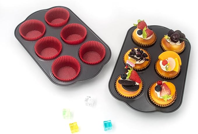 Bakexcel Non-Stick Standard Muffin Pans, 2.95" 6-Cup Set of 2 Baking Pans, Heavy Duty Carbon Steel Tins for Standard Muffins & Cupcakes