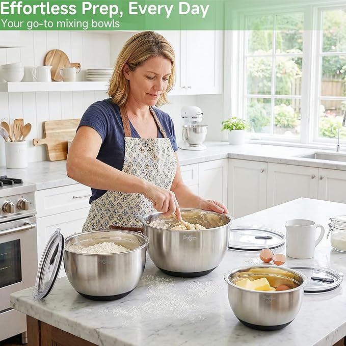 Mixing Bowls with Airtight Lids, Clear Lid with Valve, Stainless Steel Nesting Bowl Set, 3-Piece Bowls(1.5/3/5 QT), Measurement Marks, Non-Slip Silicone Base, Dishwasher Safe, Food Prep & Storage