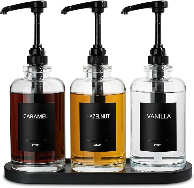 Coffee Syrup Dispenser for Coffee Bar, Glass Syrup Dispenser with 1/4oz Large Capacity Pump, Coffee Syrup Pump Dispenser for Coffee Station, 16.9 fl oz Maple Syrup Bottles for Coffee Bar