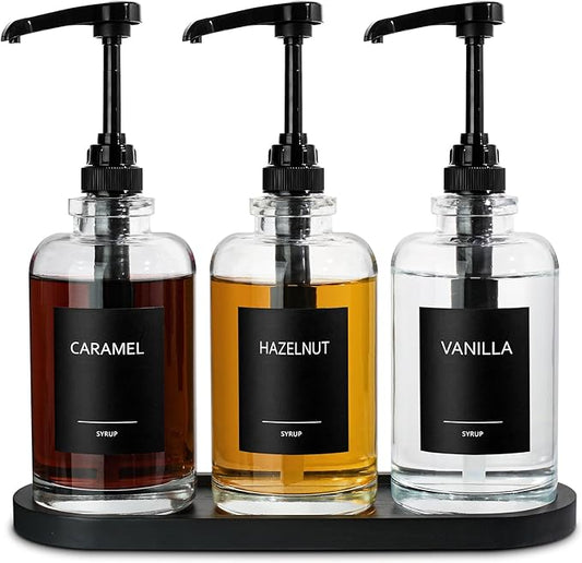 Coffee Syrup Dispenser for Coffee Bar, Glass Syrup Dispenser with 1/4oz Large Capacity Pump, Coffee Syrup Pump Dispenser for Coffee Station, 16.9 fl oz Maple Syrup Bottles for Coffee Bar