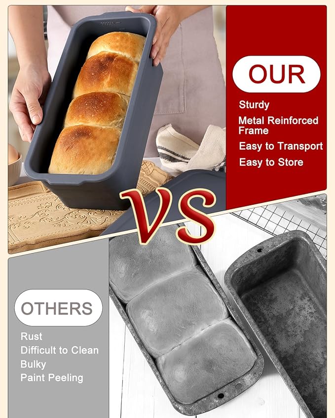 CHICHAUS Large size foldable silicone bread loaf pan with lid,11x4.7 Inch easy to store non stick Bread Baking Pans,Sourdough Bread Pan with Baking Tool Supplies Kit for Homemade Bread, Cake