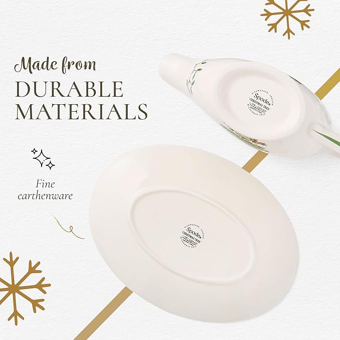 Spode Christmas Tree 9 Oz Gravy Boat & Stand - Festive Stoneware Sauce Boat with Tray for Holiday Gatherings, Serveware for Gravy, Sauces & Syrups - Microwave, Dishwasher & Oven Safe