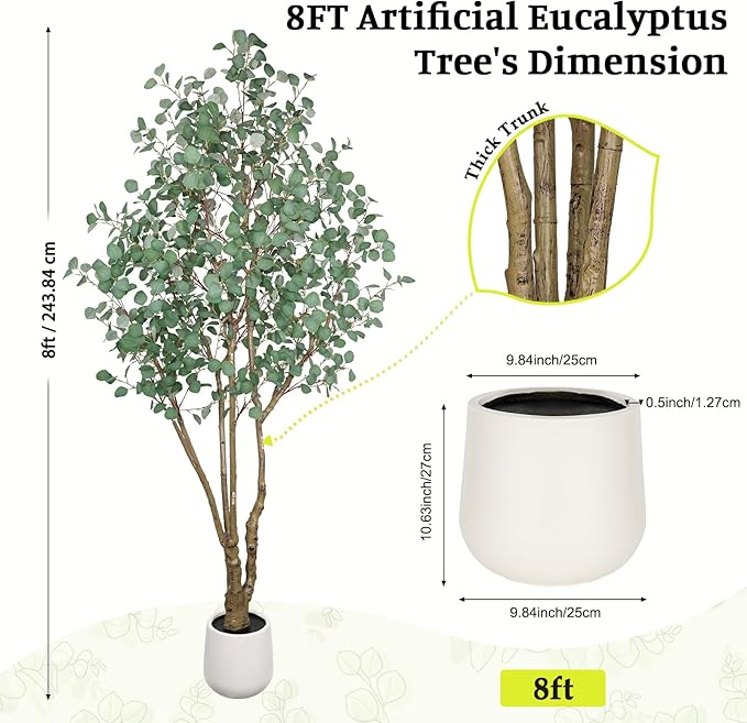 Artificial Eucalyptus Trees with White Planter, 8 FT Faux Eucalyptus Plants Indoor Tall Fake Floor Trees with Silk Leaves and Thick Trunk for Living Room Bedroom Corner Home Office Decoration