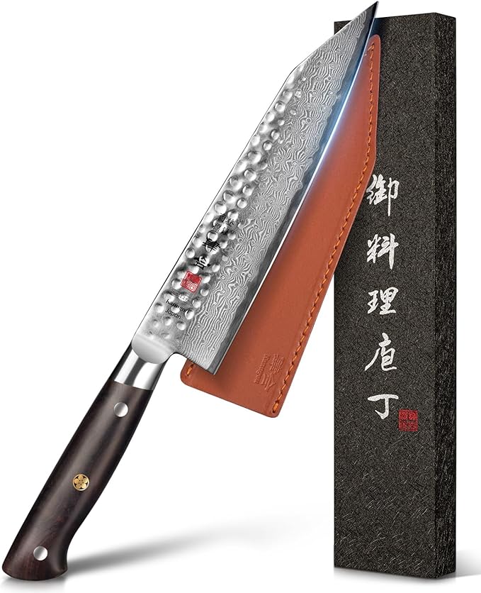 Japanese Kiritsuke Knife Chefs Knife with 67 Layers Damascus Steel AUS-10 Core, Professional Kitchen Knife with Full-Tang Ebony Wood Handle and Premium Gift Box(Hammered Damascus Series)