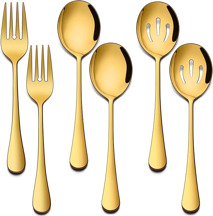 Homikit 6 Pack Serving Spoons Slotted Spoons Forks, 9.8 Inch Stainless Steel Gold Serving Utensils Hostess Set for Catering Buffet Party Banquet Restaurant, Mirror Polish & Dishwasher Safe