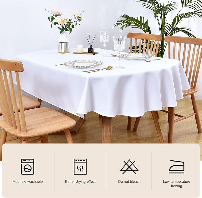 Wolkemer Oval Tablecloth 60 x 102 Inch Washable Fabric Table Cloth Solid White Table Cover for Dining Wedding Party Banquet Tabletop Decoration