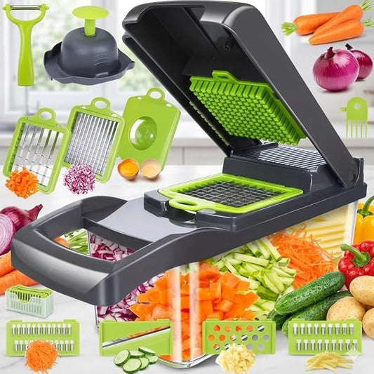 Mandoline Vegetable Chopper Pro, 16-in-1 Kitchen Food Slicer and Dicer with Container, 8 Interchangeable Blades, Gray and Green