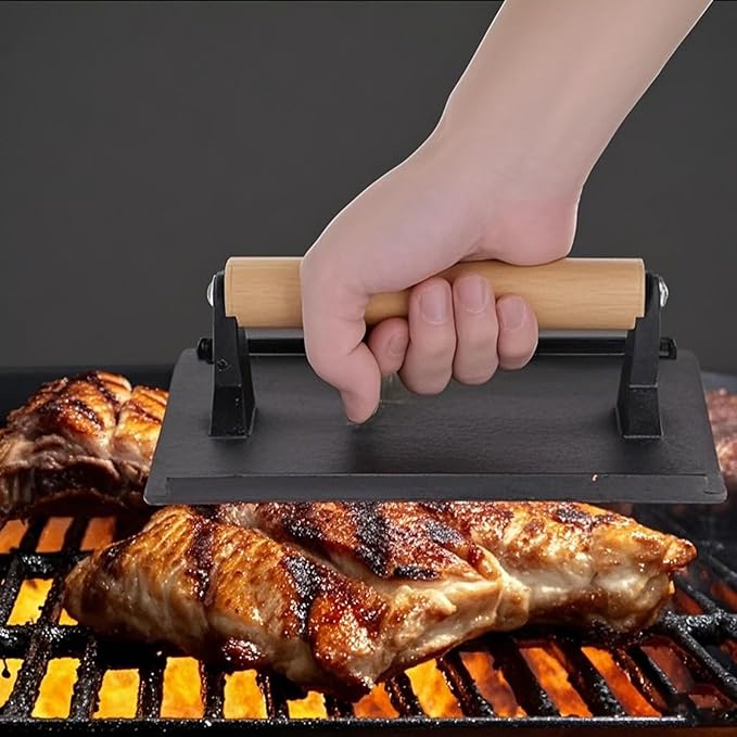 2 Pack 8 x 4 Inch Cast Iron Grill Press, Flat Heavy Weight Chef Press Bacon Griddle Press with Wooden Handle, Steak Weights for Grill Burgers Bacon Bread Pie Meat