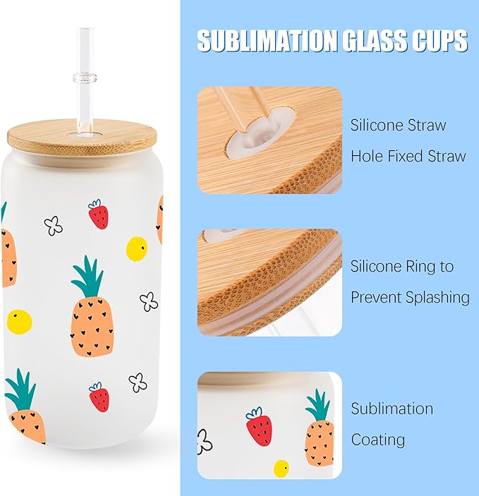 Joyclub 12 Pack Sublimation Blanks Bulk Frosted Glass Cups with Lids and Straws 16oz, Sublimation Glass Tumbler Blanks Beer Can Shaped Mugs for Iced Coffee Smoothie Soda Boba Tea Cocktail DIY Gift