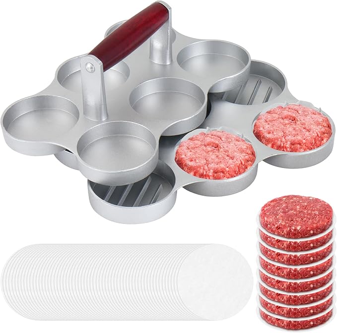 Mini Burger Press Small Meat Patty Maker with 300 Patty Papers Round Shape Press Patty Maker for Mini Hamburger, Barbecue, Picnic, Camping, Six 2.64-inch Slots