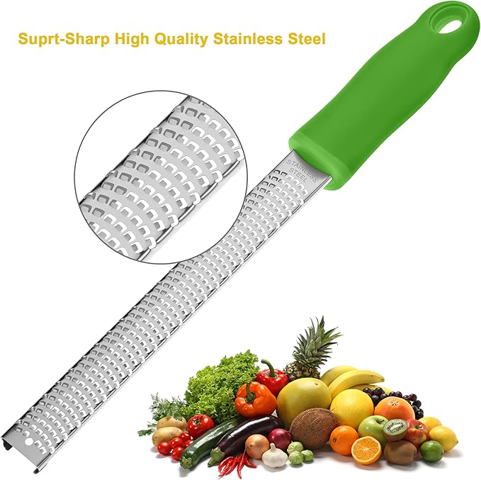 8-Inch Lemon Zester & Cheese Grater 18/8 Stainless Steel Citrus Zester for Lemon, Lime, Parmesan, Garlic & Ginger 8’’ Long Razor Sharp Blade, Ergonomic Non‑Slip Handle with Protective Cover, Green