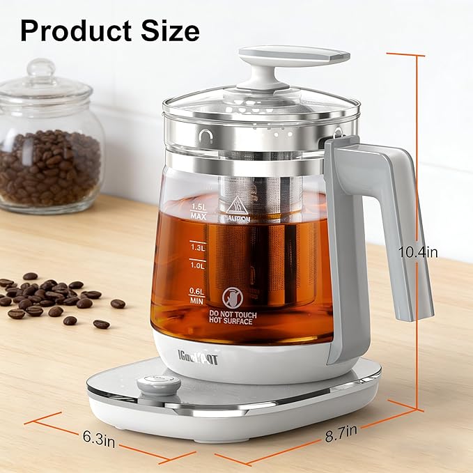 1200w Electric Kettle, 1.5L Borosilicate Glass tea kettle, Hot water kettle electric for Coffee or Tea, BPA Free, Auto Shut-Off, Stainless Steel, Fast Boil, White
