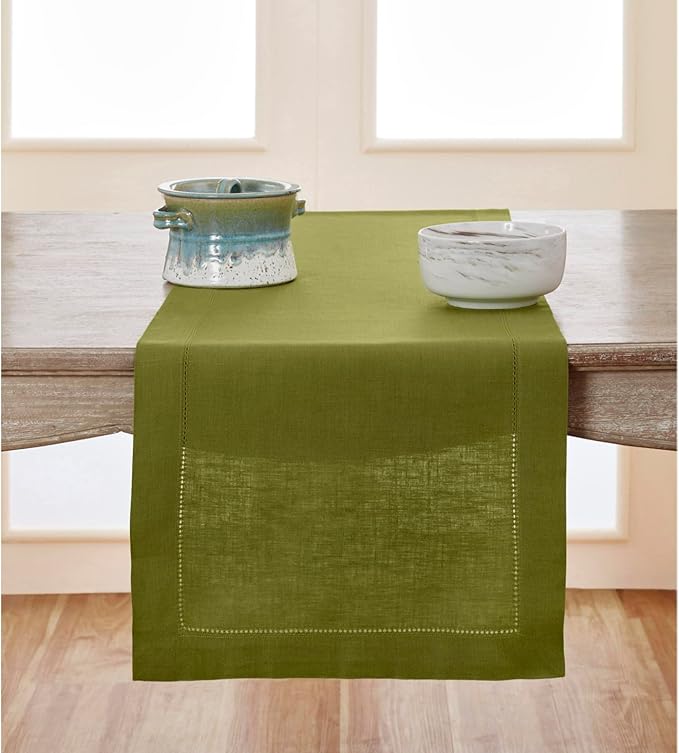 Solino Home Linen Hemstitch Table Runner 108 Inches Long - 100% Pure Linen Avocado Green Table Runner 14 x 108 Inch for Spring, Easter, St Patricks Day - Classic Hemstitch