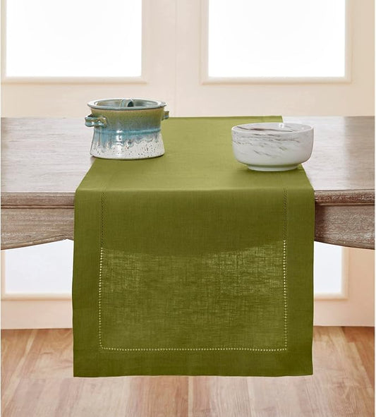 Solino Home Linen Avocado Green Table Runner 90 Inches Long - 100% Pure Linen Hemstitch 14 x 90 Inch Table Runner for Dining, Spring, Easter, St Patricks Day - Classic Hemstitch