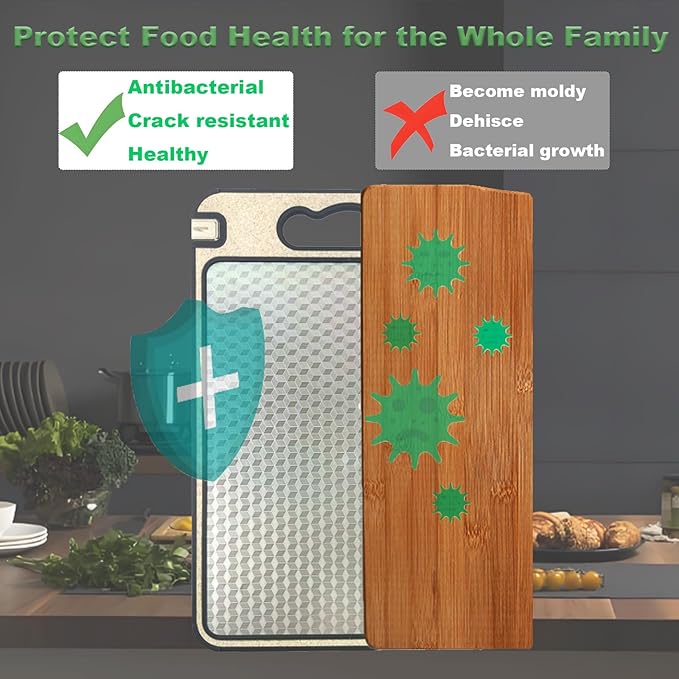 Double Sided Cutting Board for Kitchen, 304 Stainless Steel Cutting Board, 14.4"*9.8" and Wheat Straw PP, Juice Grooves, Non Slip, Reversible Chopping Board Easy to Clean, Dishwasher Safe