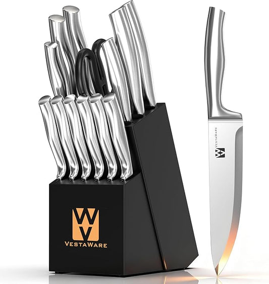 Knife Block Set, Razor-Sharp Kitchen Knife Sets, Stainless Steel Knife Set with Block, 14 Pieces Knives Set for Kitchen, Black Chef Knife Set, Dishwasher Safe, Gifts for Men