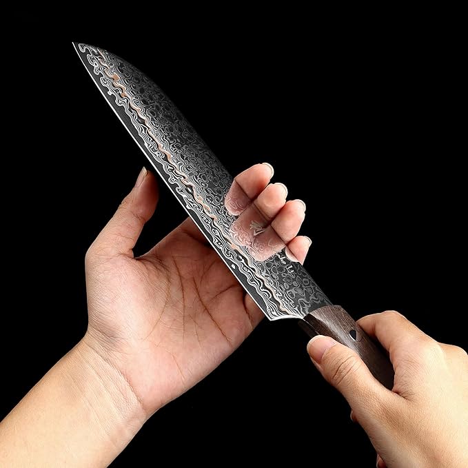 Wakoli Kawa Santoku Knife, 7.1-Inch Blade Damascus Chef Knife | 67-Layer Damascus Steel with VG10 Core | Copper Inlay | Maple Stabilized Wood Handle | Professional Kitchen Knife