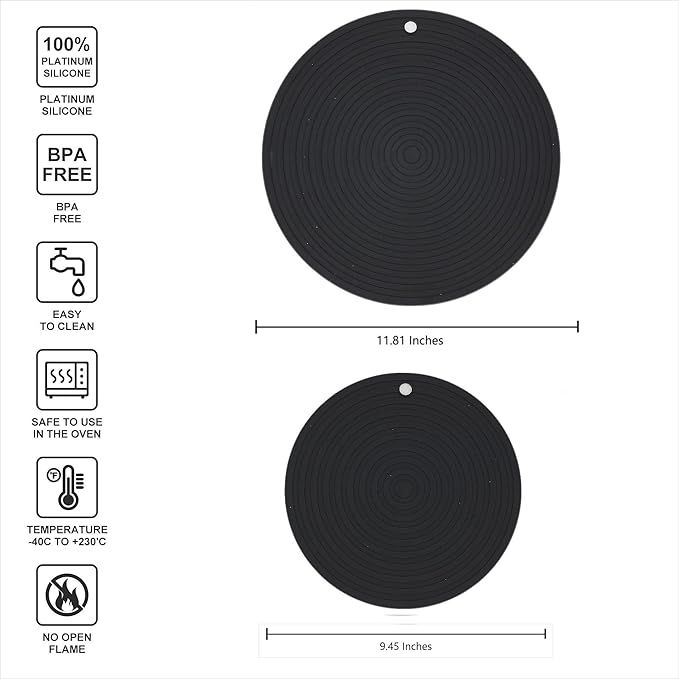 Silicone Trivets Mats for Pots and Pans, Heat Resistant Pot Holders, Flexible Hot Pads for Kitchen Table, Non Slip Mats, Dia11.81 and 9.45 Inches Big Round Microwave Mats Pack 3 Black