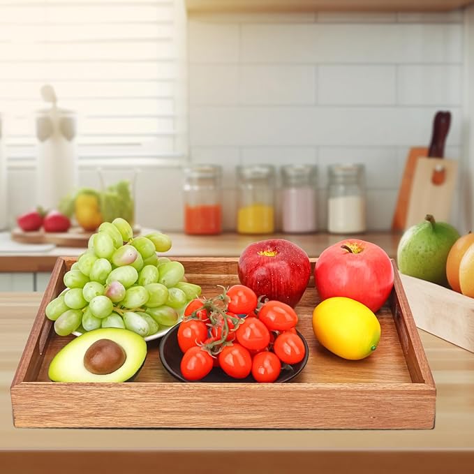 3 PCS Acacia Wood Serving Tray with Handles - 15 x 10 Inch Elegant Rectangle Wooden Tray for Food, Decorative Snack Tray, Breakfast and Kitchen Tray, Ideal Wooden Serving Platter for Homes