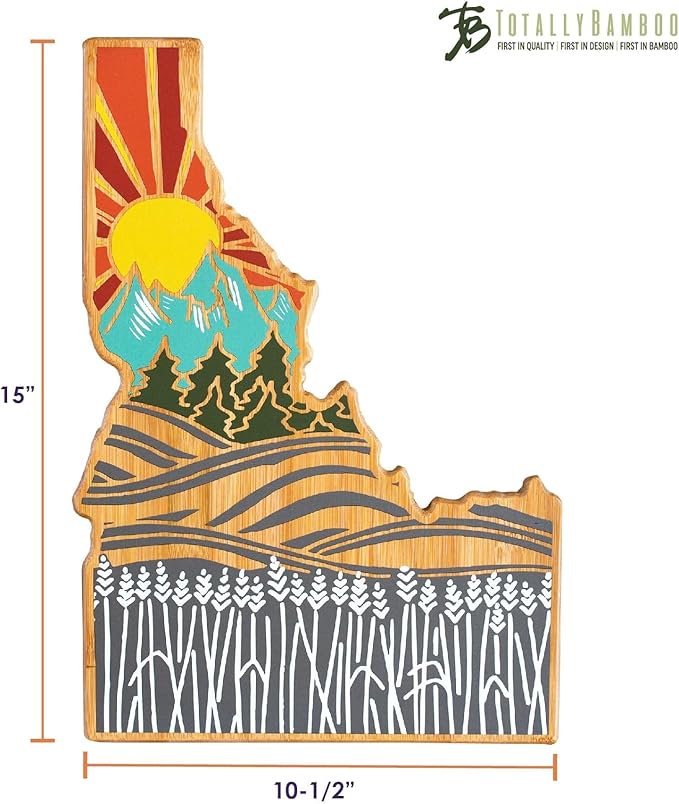 Totally Bamboo Idaho State Shaped Cutting Board and Charcuterie Serving Platter with Artwork by Summer Stokes, Includes Hang Tie for Wall Display Varies