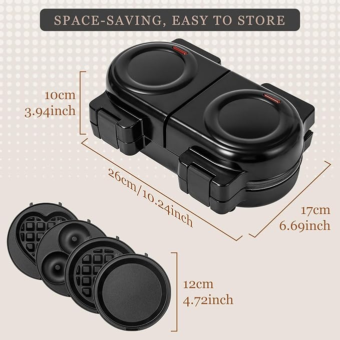 Mini Waffles Maker with 8 Removable Plates, 4 in 1 Double Small Waffle Maker Mini- Classic Waffle, Heart Waffle, Griddle, Donut, 5" Non Stick Waffle Iron for Kids and Families, Black