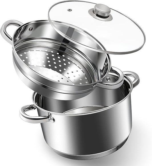 AuFranc® 6 Quart 18/10 Stainless Steel Tri-ply Stockpot and Steamer with Tempered Glass Lid, Multipurpose Steamer Pot Compatible with All Cooktops, Non-Toxic Soup Pot, Oven & Dishwasher Safe (Silver)