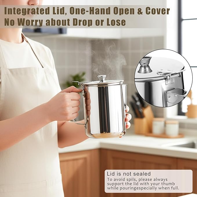 32 oz Stainless Steel Pitcher with Lid, 1 L Large Metal Measuring Cup with Handle, Large Mouth Graduated Beakers, Milk Frothing Jug for Latte Art, Espresso Machines, Tea
