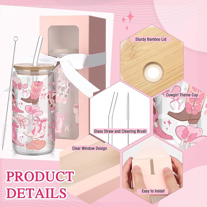 6 Pcs Coquette Bow Aesthetic Cup with Gift Box 16 oz Cowgirl Pink Bow Glass Cup with Lid and Straw Iced Coffee Tumbler Cowgirl Gifts Drinking Jar for Women Friend Sister Girlfriend
