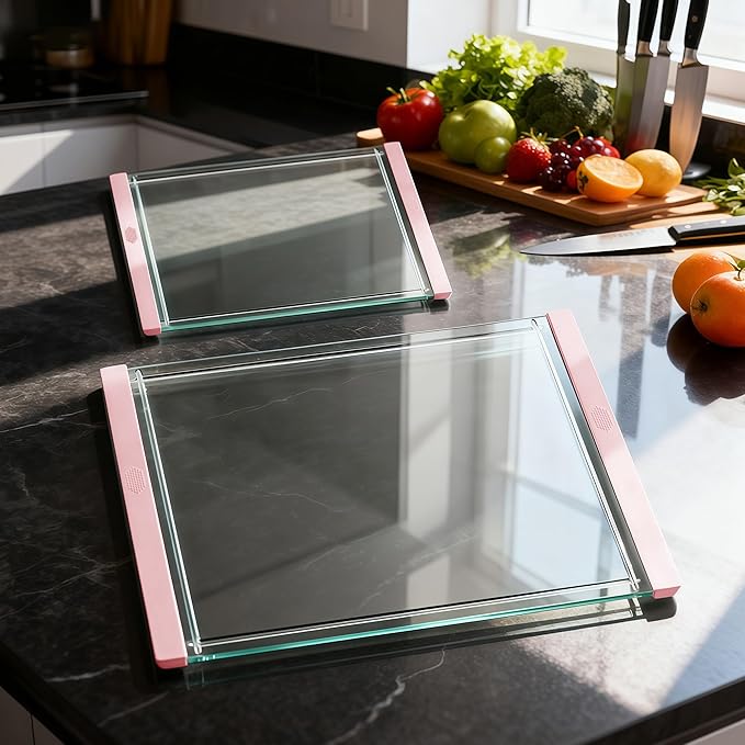 Tempered Glass Cutting Board Set for Kitchen Counter - Dishwasher Safe with Juice Grooves, Non-Slip Silicone Edges & Beveled Grip - 16"x12" & 12"x8" Serving Tray (Pink)