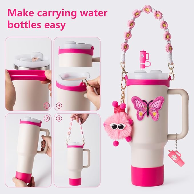 Stanley Cup Accessories Set I Water Bottle Handle Strap, Silicone Cup Boot, Lipstick Holder, Keychain Charms & Handle Charms,Straw Topper Accessories for Stanley Cups 40oz/30oz