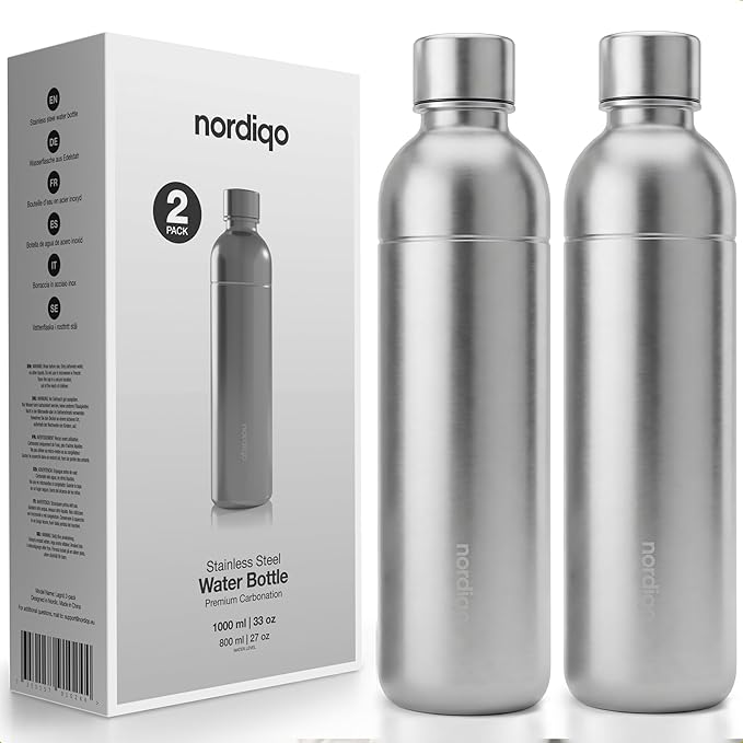 Premium 33 oz Stainless Steel Bottle | Compatible with Aarke Carbonator 3, Sodastream (excl. Aqua Fizz + Jet) and many others | Dishwasher Safe, No Expiration Date | 2-Pack