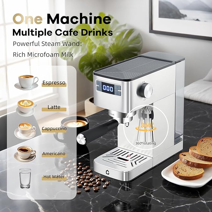 Takywep 20 Bar Professional Espresso Machine with Steam Milk Frother, Stainless Steel Home Coffee Maker, Compact for Kitchen Counter with Removable Water Tank, Silver