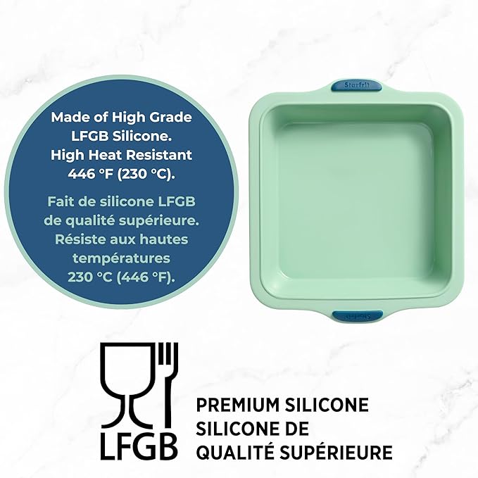 Starfrit Silicone 8” Square Cake Pan with Integrated Metal Frame - No Tray Needed - Easy Unmolding - LFGB Premium Silicone