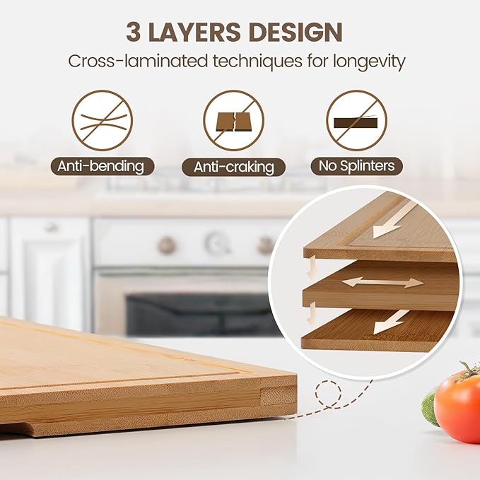 Kikcoin Bamboo Cutting Boards for Kitchen, 2XLarge Wood Cutting Board with Rotating Kickstand & Juice Groove, Wooden Chopping Board for Meats Veges Fruits, Heavy Duty Serving Tray, 20 x 14 inch