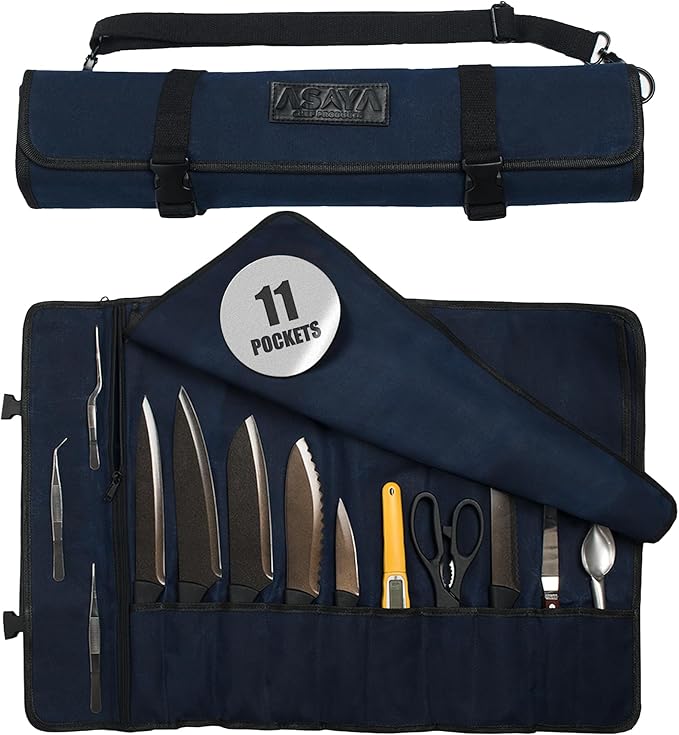 Asaya Canvas Chef Knife Roll Bag - 10 Knife Slots and a Large Zipper Pocket - Durable 10oz Canvas Knife Case with an Adjustable Shoulder Strap - Knives not Included