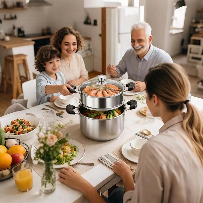 3.4QT Steamer for Cooking,Stainless Steel Steamer Pots with Vegetable Steam Basket,Glass Lid,Cooking Stock Pot with Handle for Vegetable, Dumplings, Soup, Food