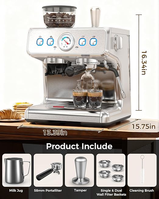 COWSAR 20 Bar Espresso Machine with Grinder & Milk Frother Steam Wand, 58mm Expresso Coffee machines, Commercial Stainless Steel Coffee Maker for Cappuccino and Latte, Perfect for Home and Café Use
