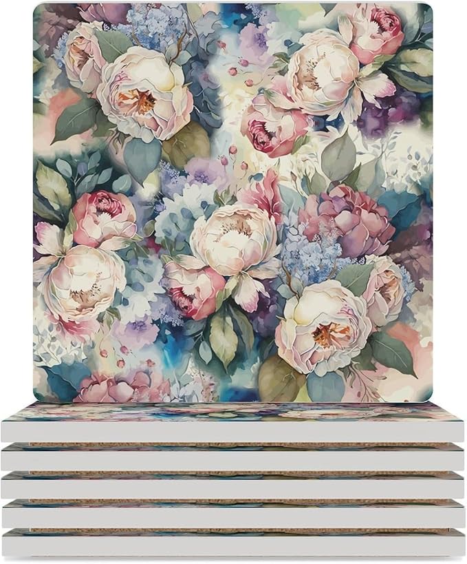 Square-6PCS Floral Drink Coasters, Square Modern Ceramic Absorbent Coasters, Watercolour Abstract Nature Plant Floral Colorful Wildflower Decor Desk Coffee Table Coaster for Beverage Cup Tea Coasters