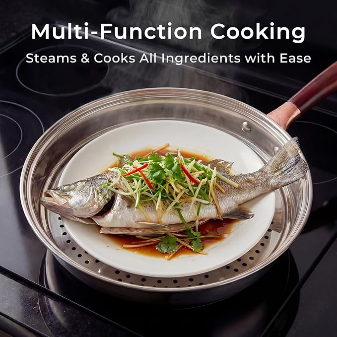 12.5-Inch Carbon Steel Wok Pan with Lid: Woks & Stir-Fry Pans Nonstick with Steamer for Cooking Pan Set, Large Deep Chinese Frying Saute Pan Wok Skillet, Induction Compatible, Stay-Cool Handle, Gifts