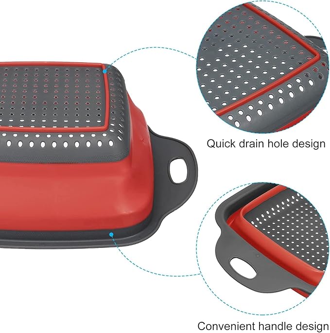 Collapsible Colander, 2 Pcs Red Silicone Kitchen Strainer for Draining Pasta, Vegetable and Fruit with Extendable Handles & Dishwasher-Safe by Polerce