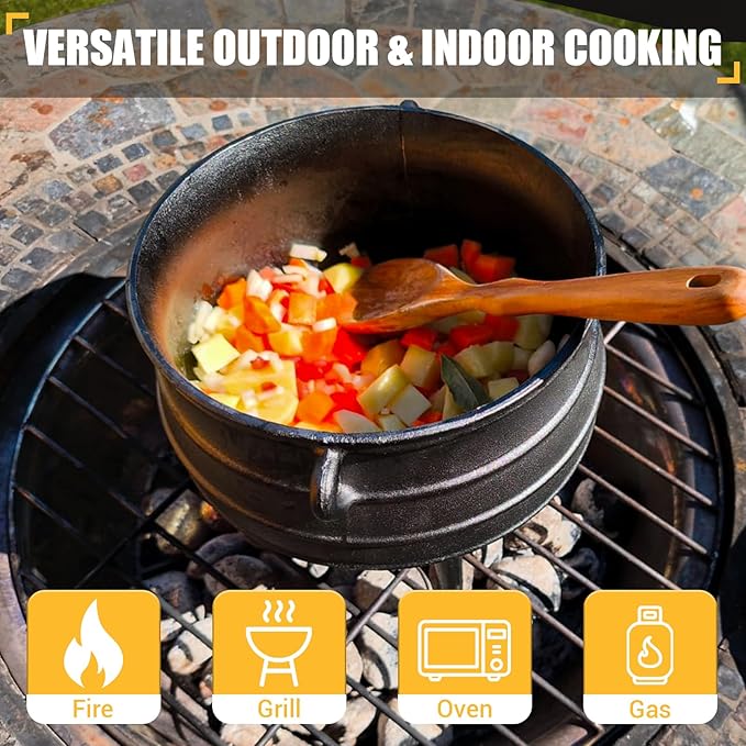 Mabeeze Cast Iron Potjie Cauldron, 6 Qt, 3-Legged Dutch Oven Pot with Lid - includes Lid Lifter and Holder - Pre-Seasoned - for Outdoor Cooking