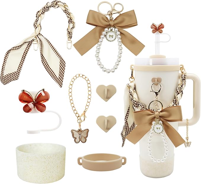 Stanley Cup Accessories Set for 40oz & 30oz Tumbler Including Water Bottle Handle Strap、Bow Keychain、Cup Ring、Bling Silicone Boots、Butterfly Straw Topper、Charm Accessories for Stanley Cup
