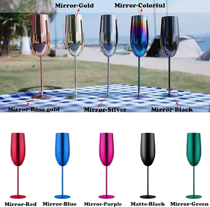 Stainless Steel Champagne Flutes Set of 4-Wedding &Birthday Gifts,8.5 Oz Unbreakable Champagne Glass with Long Stem,Reusable Indoor Outdoor Drinkware (Black)