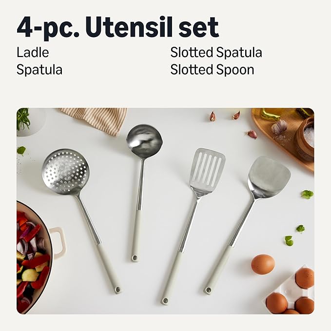 Amazon Basics Stainless Steel Cooking Spoon and Ladle Set, 4-Piece Set, Soft Grip Handle, Dishwasher-Safe, Linen Gray