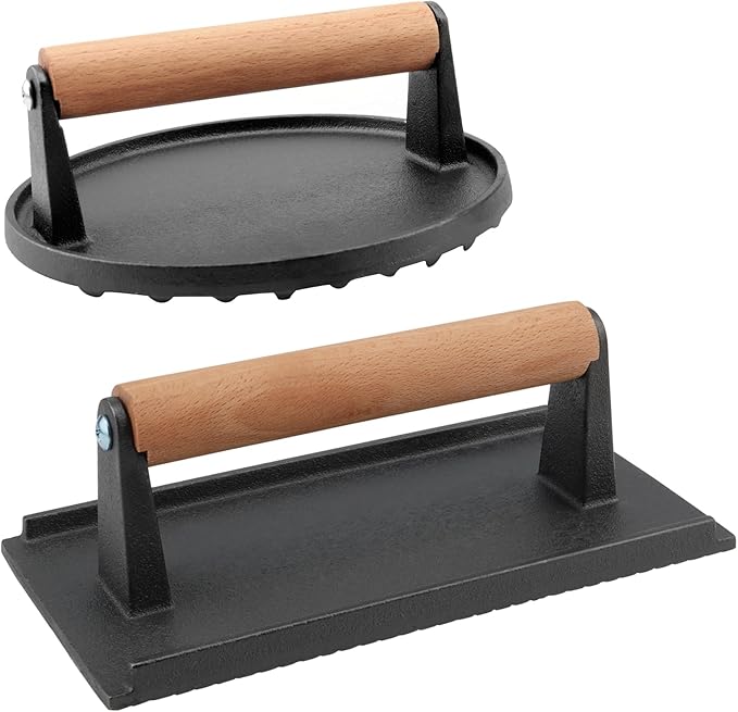 MOUYAT 2 Pack Cast Iron Grill Press, 6.8 Inch Round and 8 Inch Rectangle Heavy Grill Weight Bacon Griddle Press with Wooden Handle, Flat Cooking Weight Press Steak Weights for Bacon Burgers Meat BBQ