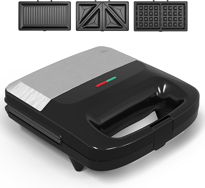 Sunvivi Waffle Iron, Panini Press Grill and Sandwich Maker Set, 3 in 1 Electric Sandwich Press with Removable Non-Stick Plates, Indicator Lights