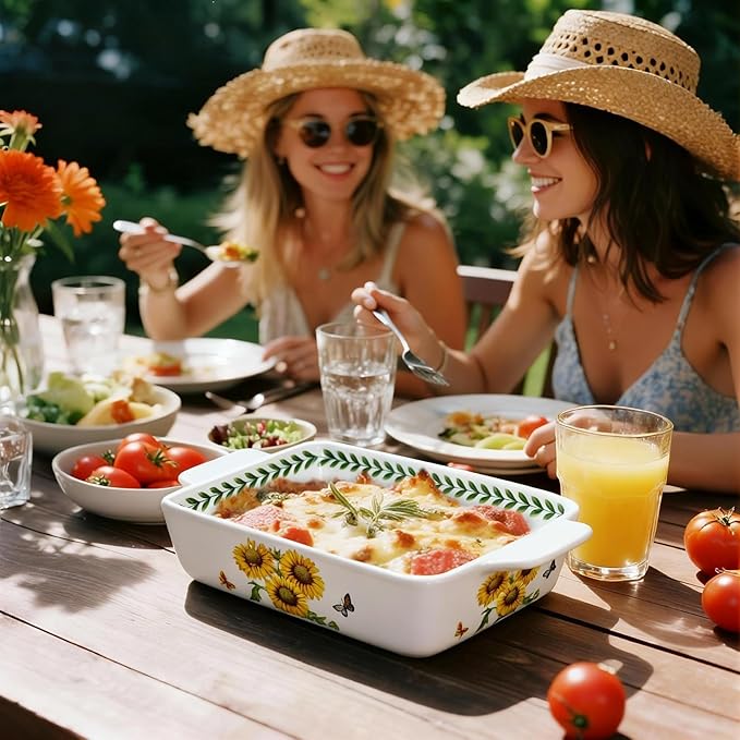 ACMLIFE Ceramic Casserole Dish for Oven, Floral Baking Dishes for Oven Lasagna Pan, Large Baking Dish with Handles, Durable and Oven Safe Pan, for Roasting and Baking, Gift Packaging 2 Pcs Set(13"x8"+10.3"x6.3") (Sunflower)