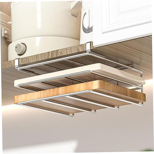 Under Cabinet Cutting Board Holder, 2 Layers Chopping Board Holder, Stainless Steel Heavy Duty Cutting Boards Hanging Rack for Kitchen, Silver