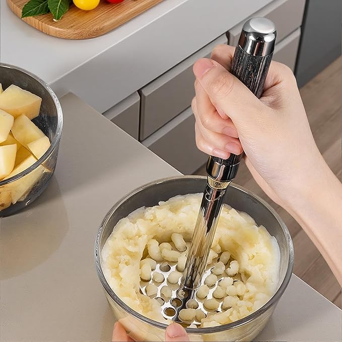 316 Stainless Steel Potato Masher - 10 Inch / 24cm with Wood Handle, Easy Clean Design for Mashed Potatoes, Guacamole & More