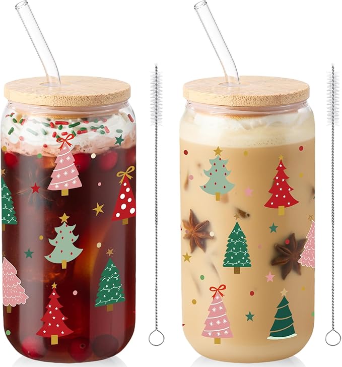 Sliner 2 Pcs Christmas Tree Glass Cups Xmas Winter Tumbler with Lid Straw Drinking Glasses 16 oz Iced Coffee Cup with Cleaning Brush Beer Can Tumbler Cute Holiday Gifts for Home Office Decorations